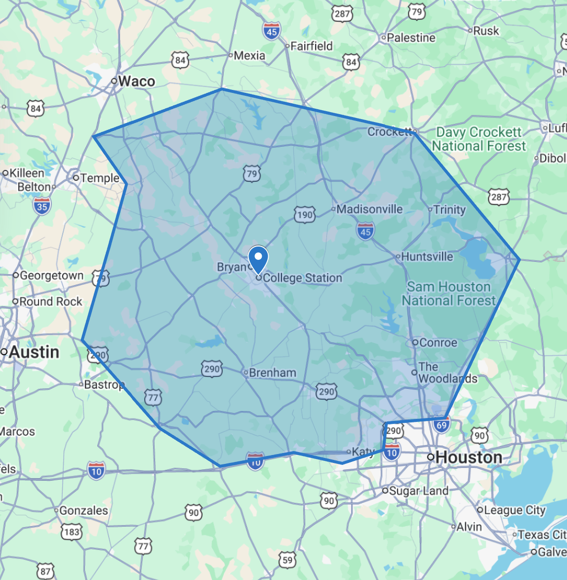 Map of AquaCheck Water Conditioning service area in Texas