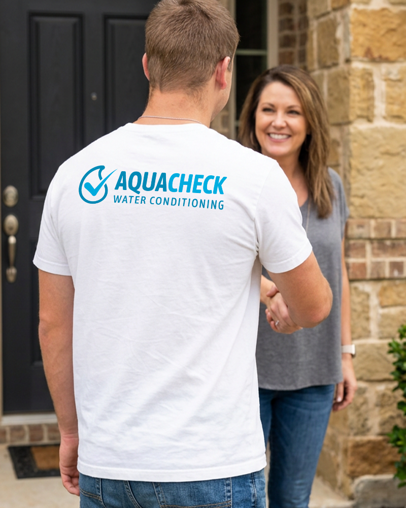 AquaCheck water treatment professional assisting a homeowner